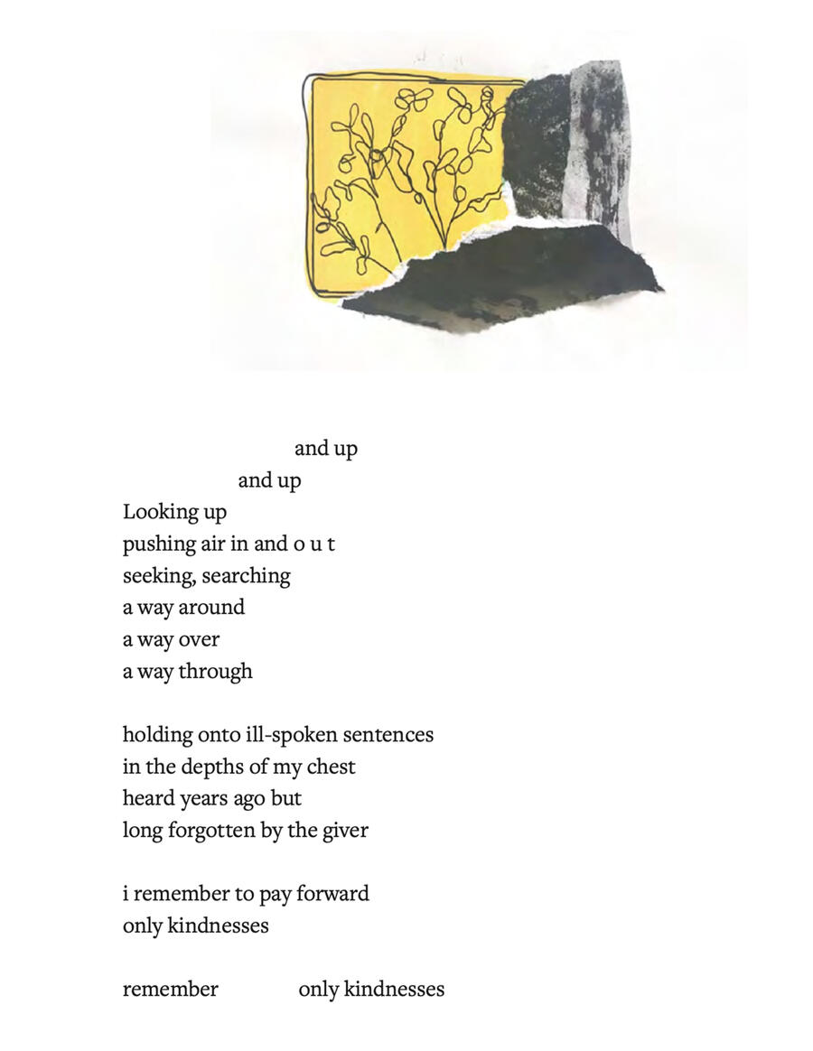 Up and Up and Up A poem on a white background, with a scribbley plant drawing collages with dark charcoal marks above it.