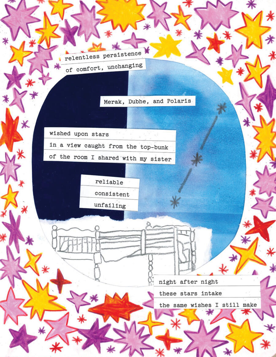 Big Dipper A collage that features a border of brightly colored hand-drawn stars with a circle cut out of the middle. Inside is a hand-drawn bunk bed, and three stars in a row, against a two-tone blue background.